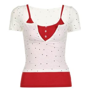 Polka Dot Contrast Y2K Aesthetic Two Piece Tee for Trendy Outfits