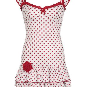 Polka Dot Patchwork Rosette Dress - Y2K Aesthetic Cute Dress for Coquette Style Outfits