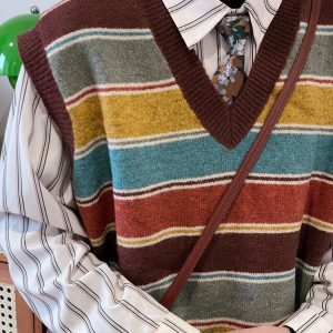 Preppy Striped Knit Vest for Y2K Aesthetic Outfits and Coquette Style Looks