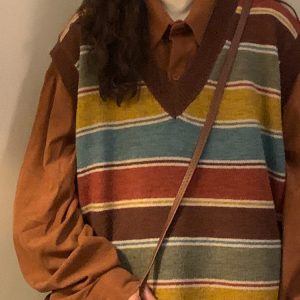 Preppy Striped Knit Vest for Y2K Aesthetic Outfits and Coquette Style Looks