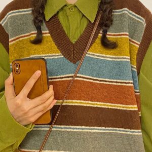 Preppy Striped Knit Vest for Y2K Aesthetic Outfits and Coquette Style Looks