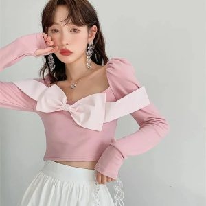 Puff Shoulder Bow Crop Top - Y2K Aesthetic Cute Top for Coquette and Grunge Styles