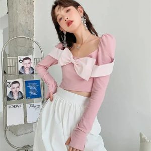 Puff Shoulder Bow Crop Top - Y2K Aesthetic Cute Top for Coquette and Grunge Styles