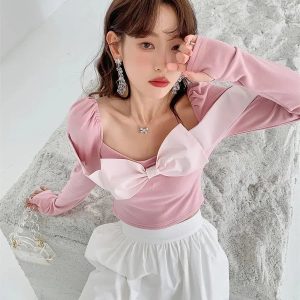 Puff Shoulder Bow Crop Top - Y2K Aesthetic Cute Top for Coquette and Grunge Styles