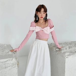 Puff Shoulder Bow Crop Top - Y2K Aesthetic Cute Top for Coquette and Grunge Styles