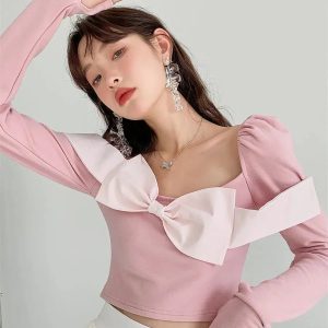 Puff Shoulder Bow Crop Top - Y2K Aesthetic Cute Top for Coquette and Grunge Styles