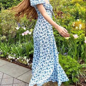 Puff Sleeve Floral Maxi Dress - Y2K Aesthetic Boho Style for Effortless Chic Looks