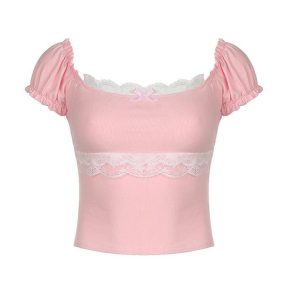 Puff-Sleeve Lace Trim Crop Top - Y2K Aesthetic Cute Top for Coquette and Grunge Styles