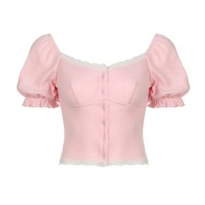 Puff Sleeve Pink Slim Fit Knit Top - Y2K Aesthetic Cute Crop for Stylish Outfits