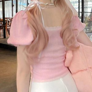 Puff Sleeve Pink Slim Fit Knit Top - Y2K Aesthetic Cute Crop for Stylish Outfits