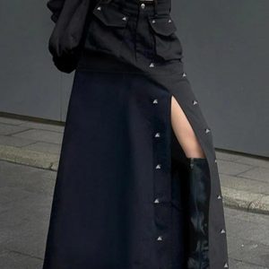 Punk Rivet Decor Big Slit Cargo Maxi Skirt for Y2K Grunge Aesthetic Outfits