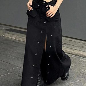 Punk Rivet Decor Big Slit Cargo Maxi Skirt for Y2K Grunge Aesthetic Outfits