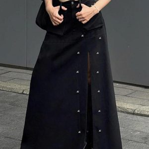 Punk Rivet Decor Big Slit Cargo Maxi Skirt for Y2K Grunge Aesthetic Outfits