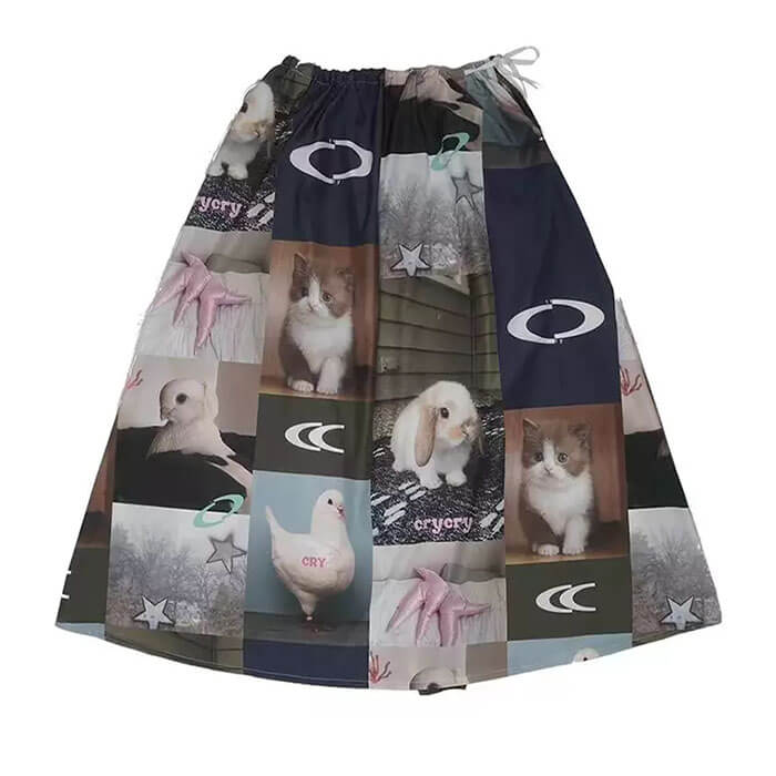 Rabbit & Cat Print Y2K Aesthetic Midi Skirt for Cute and Quirky Outfits