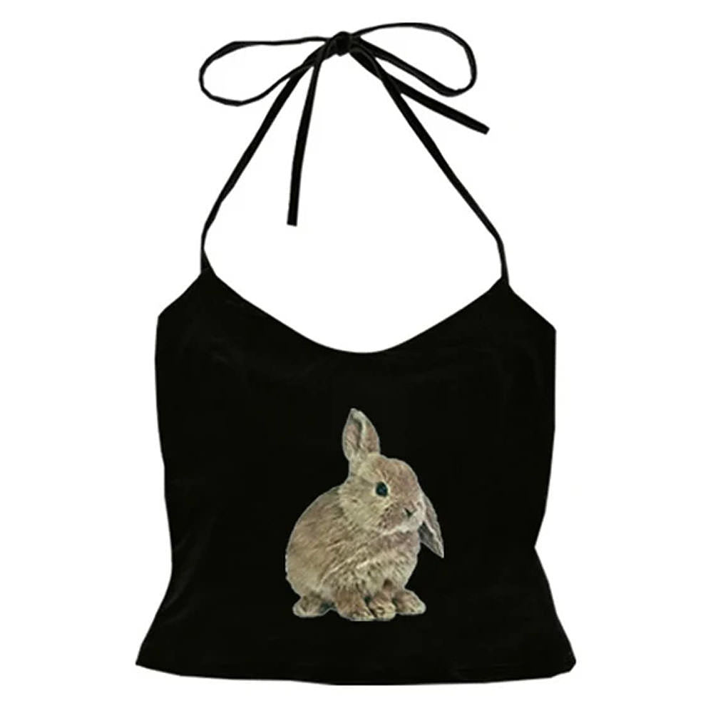 Rabbit Print Y2K Aesthetic Halter Top - Cute Crop Top for Coquette and Grunge Styles