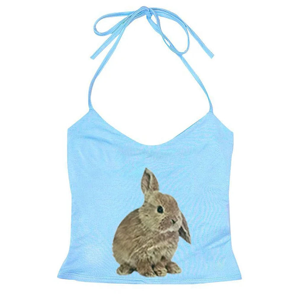 Rabbit Print Y2K Aesthetic Halter Top - Cute Crop Top for Coquette and Grunge Styles