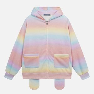 Rainbow Gradient Y2K Hoodie - Cute Pastel Aesthetic Pullover for Comfy, Stylish Outfits