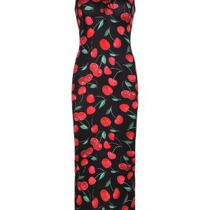 Red Cherry Print Y2K Aesthetic Calf-Length Corset Dress for Cute Coquette Style