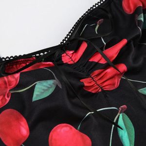 Red Cherry Print Y2K Aesthetic Calf-Length Corset Dress for Cute Coquette Style