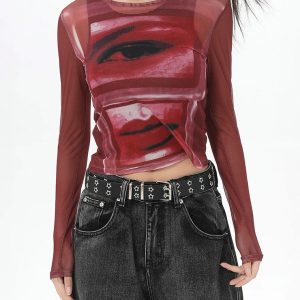 Red Eye & Lips Print Mesh Top - Y2K Aesthetic Cute Top for Trendy Outfits