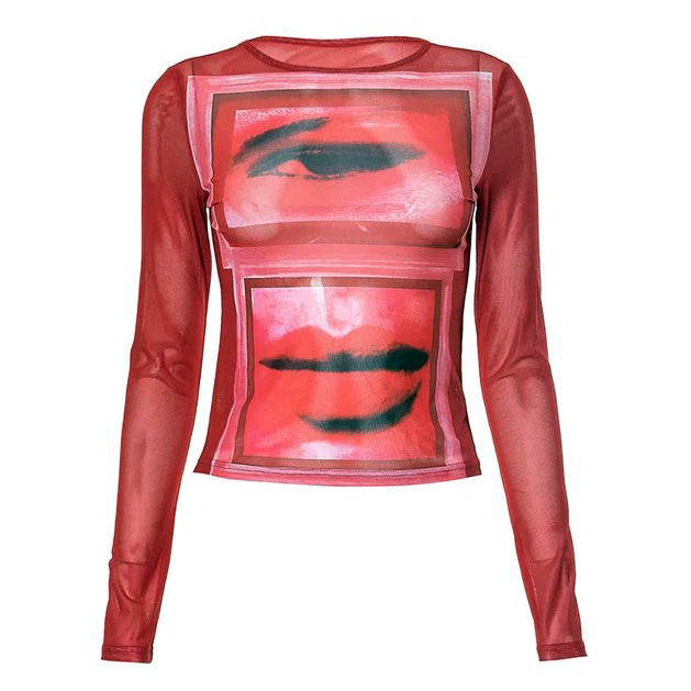 Red Eye & Lips Print Mesh Top - Y2K Aesthetic Cute Top for Trendy Outfits