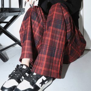 Red Grunge Plaid Pants - Y2K Aesthetic Grunge Style for Trendy Outfits