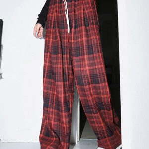 Red Grunge Plaid Pants - Y2K Aesthetic Grunge Style for Trendy Outfits