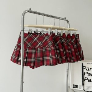 Red Plaid Grunge Aesthetic Pleated Skirt for Y2K Fashion Lovers