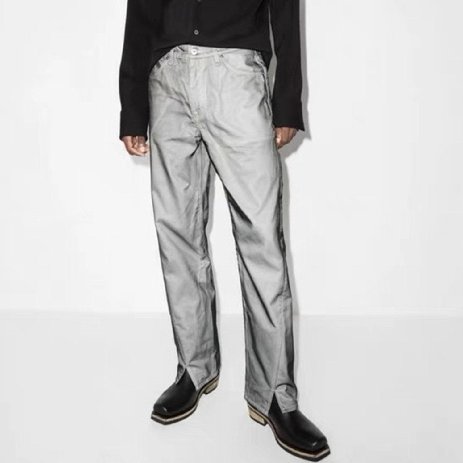 Reflective Gray Straight-Leg Jeans for Y2K Aesthetic and Grunge Style Outfits