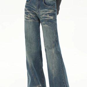 Retro Flare Distressed Denim Jeans for Y2K Aesthetic and Grunge Style Outfits