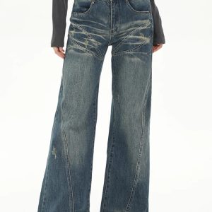 Retro Flare Distressed Denim Jeans for Y2K Aesthetic and Grunge Style Outfits