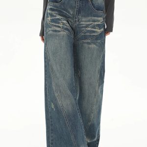 Retro Flare Distressed Denim Jeans for Y2K Aesthetic and Grunge Style Outfits