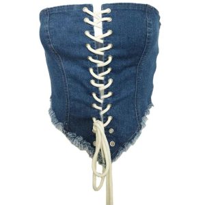 Retro Y2K Cross Lace Up Denim Corset Top - Grunge Aesthetic Cute Crop Top