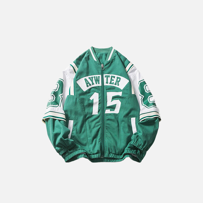 Retro Y2K Double-Sleeved Green Varsity Jacket for Trendy Aesthetic Outfits