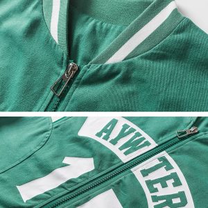 Retro Y2K Double-Sleeved Green Varsity Jacket for Trendy Aesthetic Outfits