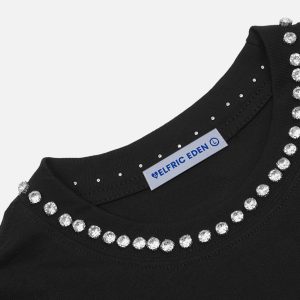 Rhinestone Application Tee: Y2K Aesthetic Top for Coquette and Grunge Styles