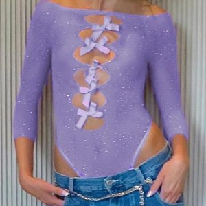 Rhinestone Bow Cut Out Bodysuit - Y2K Fashion Statement for Aesthetic Outfits