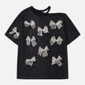 Rhinestone Bow Tee: Y2K Fashion Cute Top with Coquette Aesthetic Charm