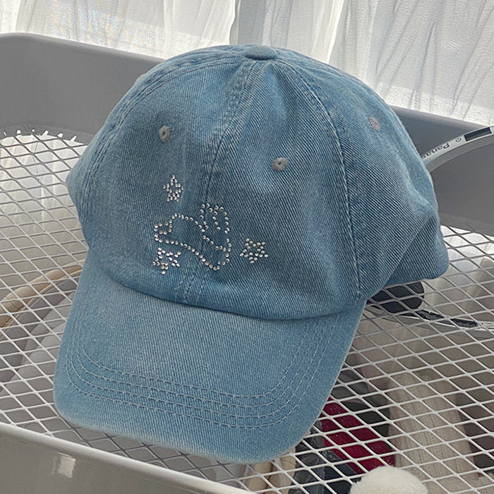 Rhinestone Bunny Y2K Denim Cap for Cute Coquette Aesthetic and Y2K Fashion Lovers