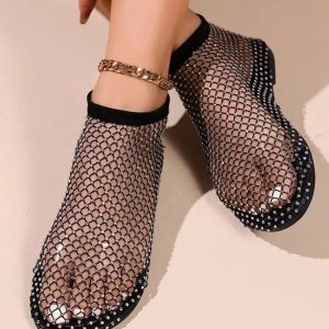 Rhinestone Fishnet Ballerina Flats for Y2K Aesthetic and Coquette Style Outfits