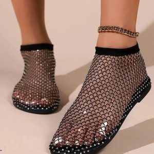 Rhinestone Fishnet Ballerina Flats for Y2K Aesthetic and Coquette Style Outfits