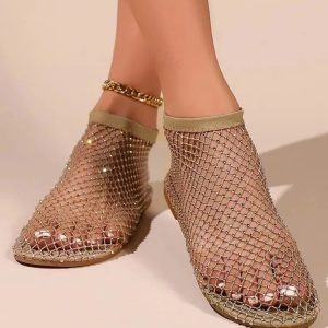 Rhinestone Fishnet Ballerina Flats for Y2K Aesthetic and Coquette Style Outfits