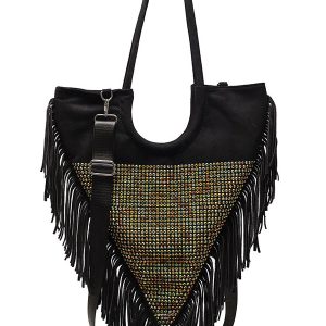 Rhinestone Fringe Trim Shoulder Bag - Y2K Aesthetic Chic Accessory for Stylish Outfits