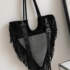 Rhinestone Fringe Trim Shoulder Bag - Y2K Aesthetic Chic Accessory for Stylish Outfits