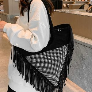 Rhinestone Fringe Trim Shoulder Bag - Y2K Aesthetic Chic Accessory for Stylish Outfits