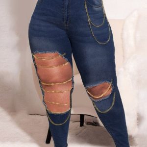 Ripped High Waist Jeans with Chain Detail - Y2K Grunge Style for Trendy Outfits