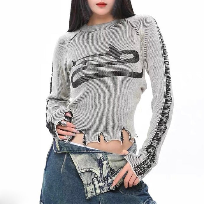 Ripped Long Sleeve Star Top - Y2K Aesthetic Grunge Style Cute Crop Top for Trendy Outfits