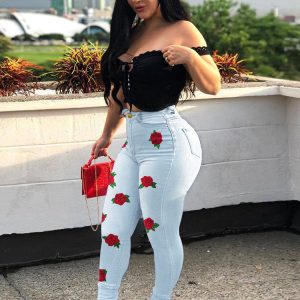 Rose Print Y2K High Waist Jeans - Cute Floral Aesthetic Denim for Trendy Outfits