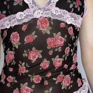 Rose Printed Lace Patchwork Mesh Cami Top - Y2K Aesthetic Cute Crop Top for Coquette Style