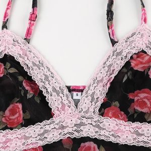 Rose Printed Lace Patchwork Mesh Cami Top - Y2K Aesthetic Cute Crop Top for Coquette Style